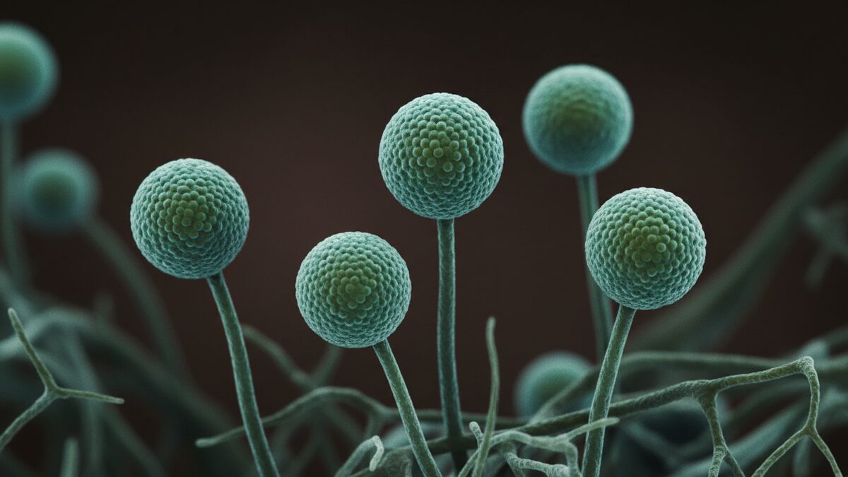 Microscope view of Aspergillus mold spores and hyphae