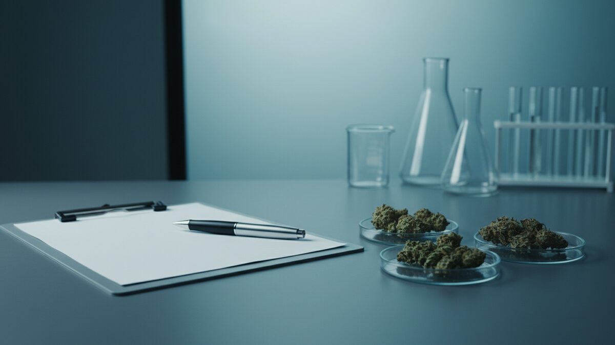 Laboratory certificate of analysis paperwork beside cannabis samples