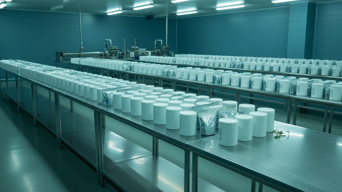 Cannabis processing facility with packaged product staged for treatment