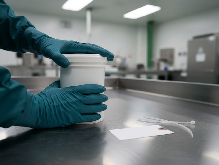 Sealed containment canister being labeled at intake