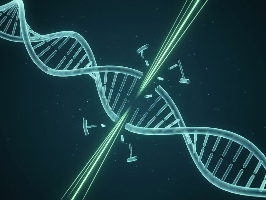 Scientific visualization of X-ray photons breaking apart a microbial DNA strand