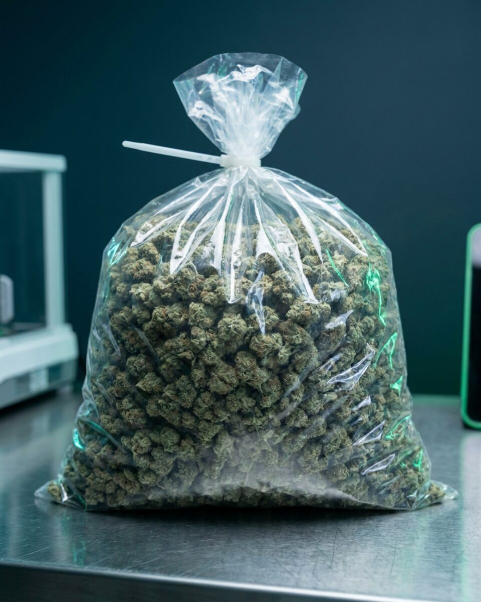 Large clear bulk bag of cannabis flower, sealed with a zip tie, on a stainless steel intake table