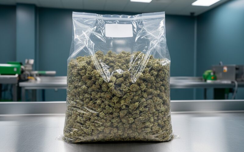 Bulk cannabis flower in a fitted containment bag